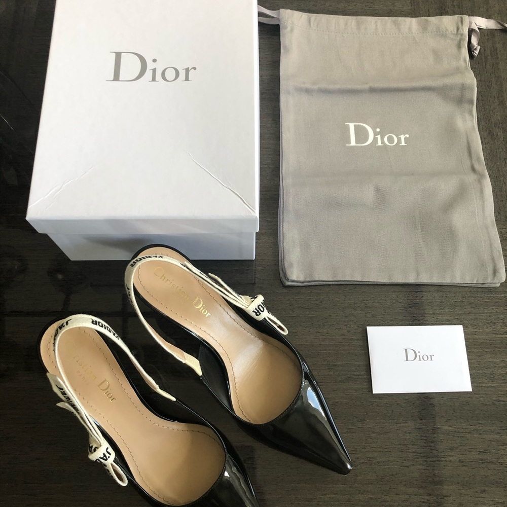 J’Adior patent sling back pumps